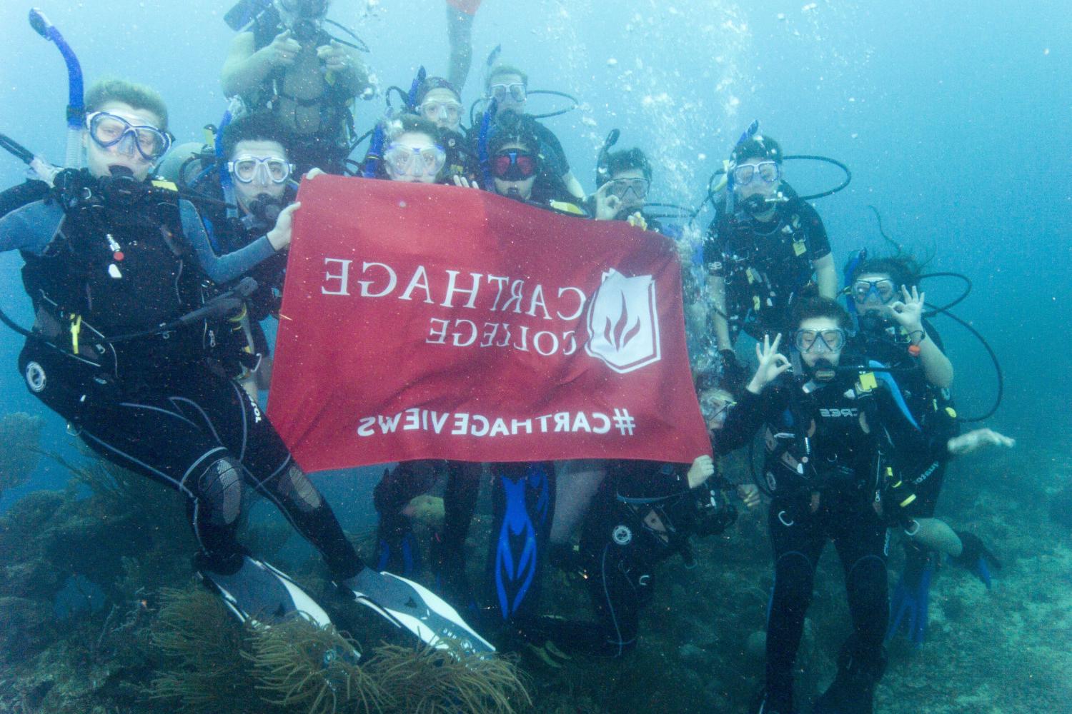 学生们手持<a href='http://rms1.4dian8.com'>bv伟德ios下载</a>旗帜，在j学期洪都拉斯游学之旅中潜水.